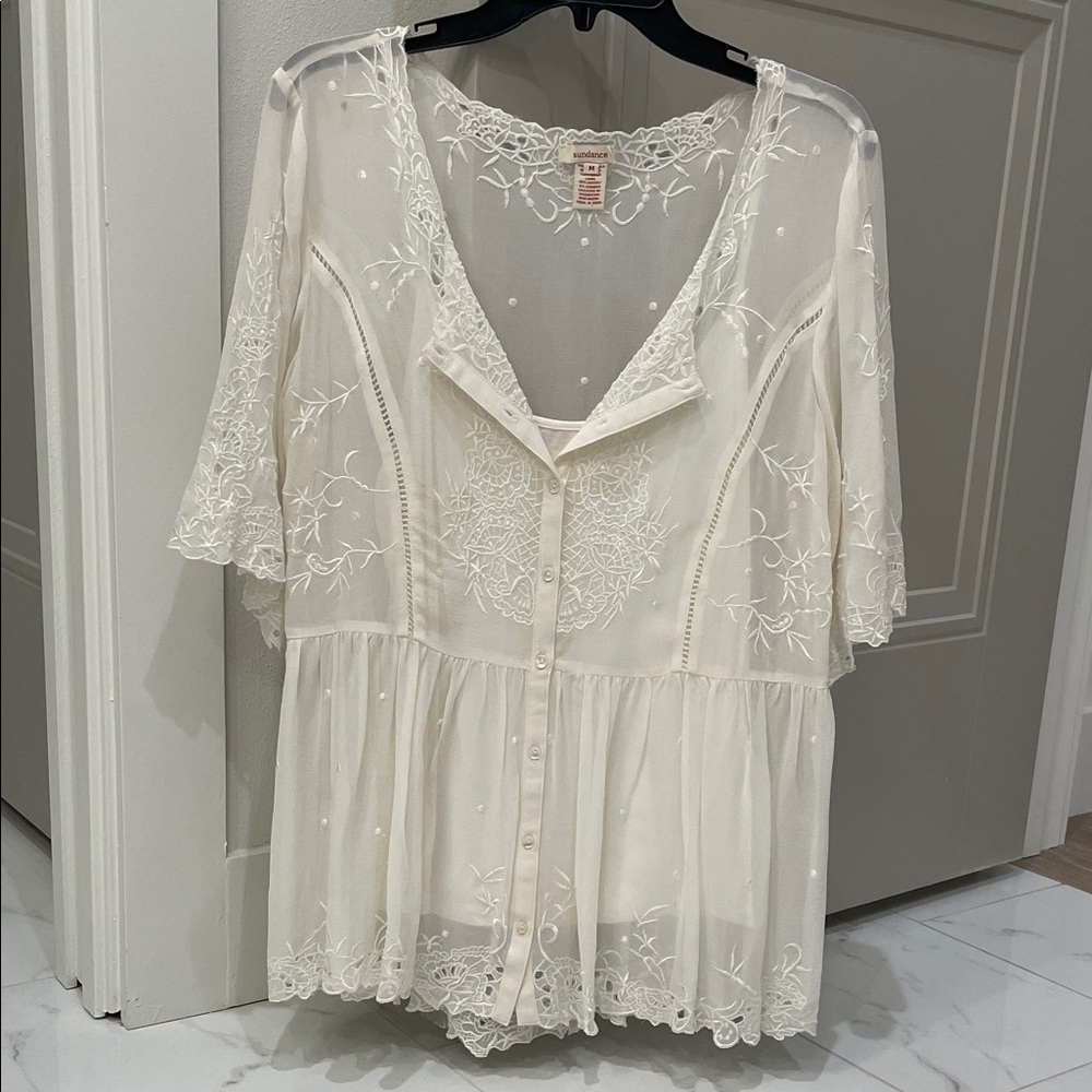 Sundance White Lace-Trimmed Blouse